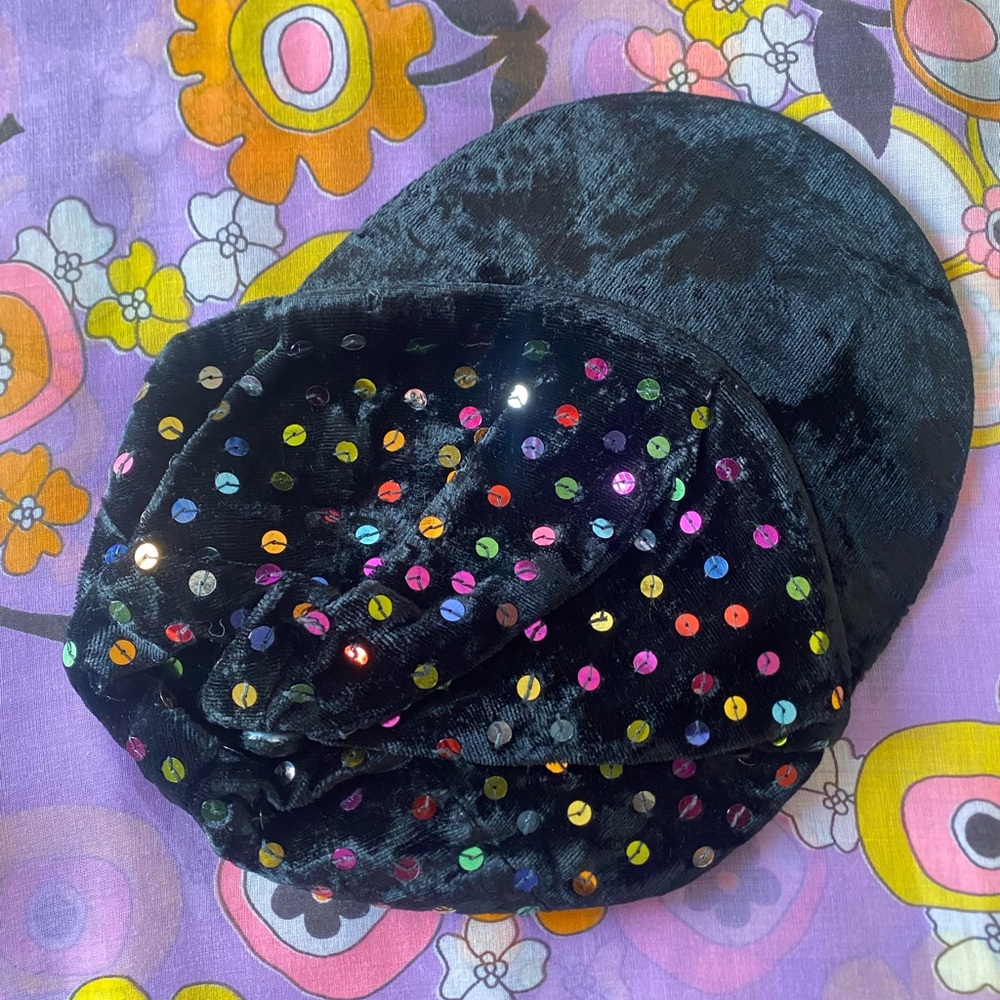 Black Velvet Sequin Beret - Multicolor Sparkle Rainbow Vintage Cap